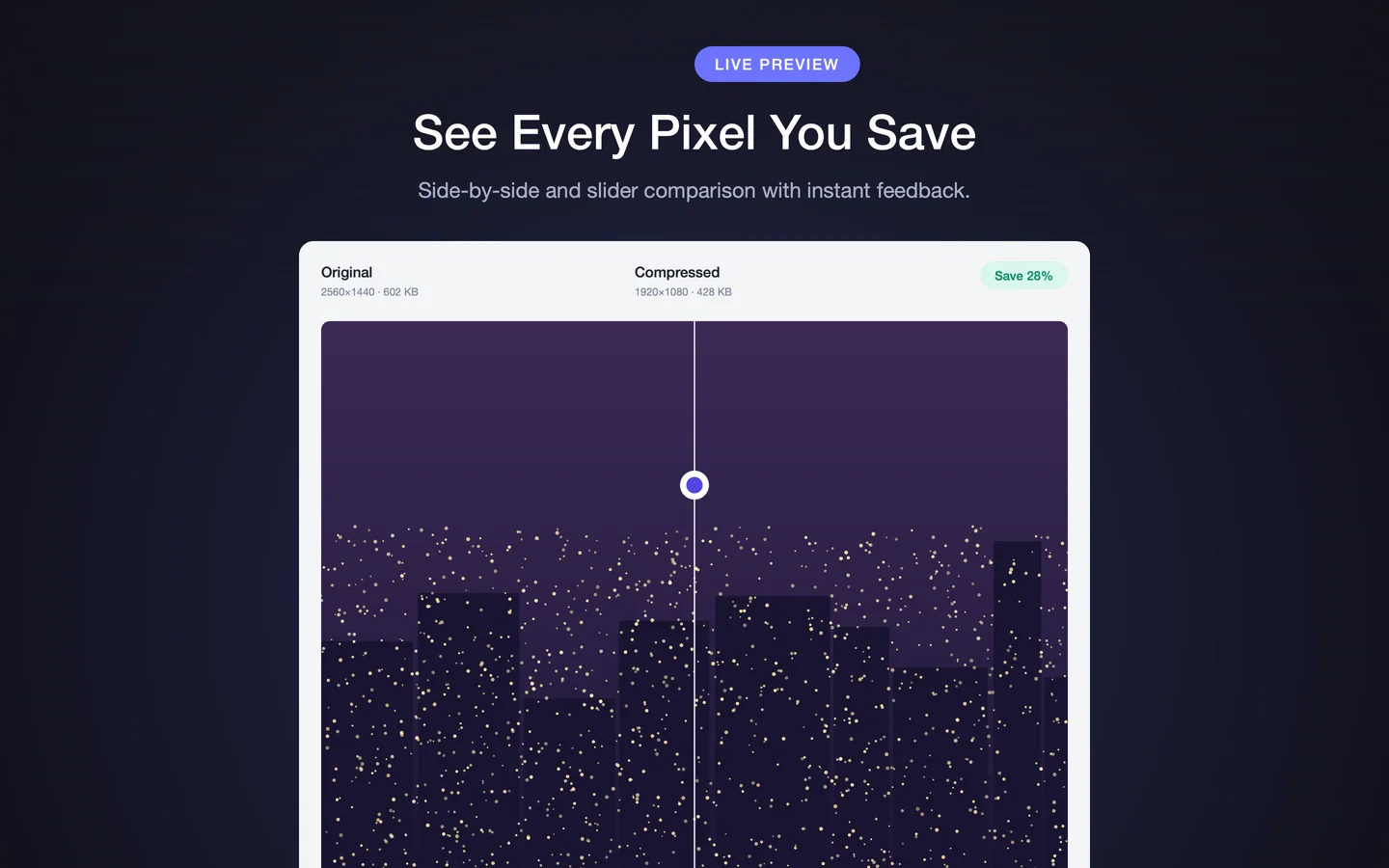 PixPack before and after preview on macOS with a slider divider comparing the original and compressed image