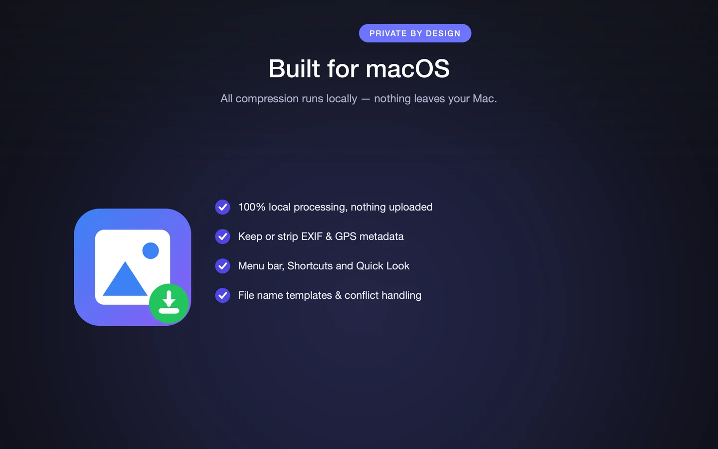 PixPack macOS app icon with a list of platform capabilities including local processing, metadata control, menu bar access and filename templates